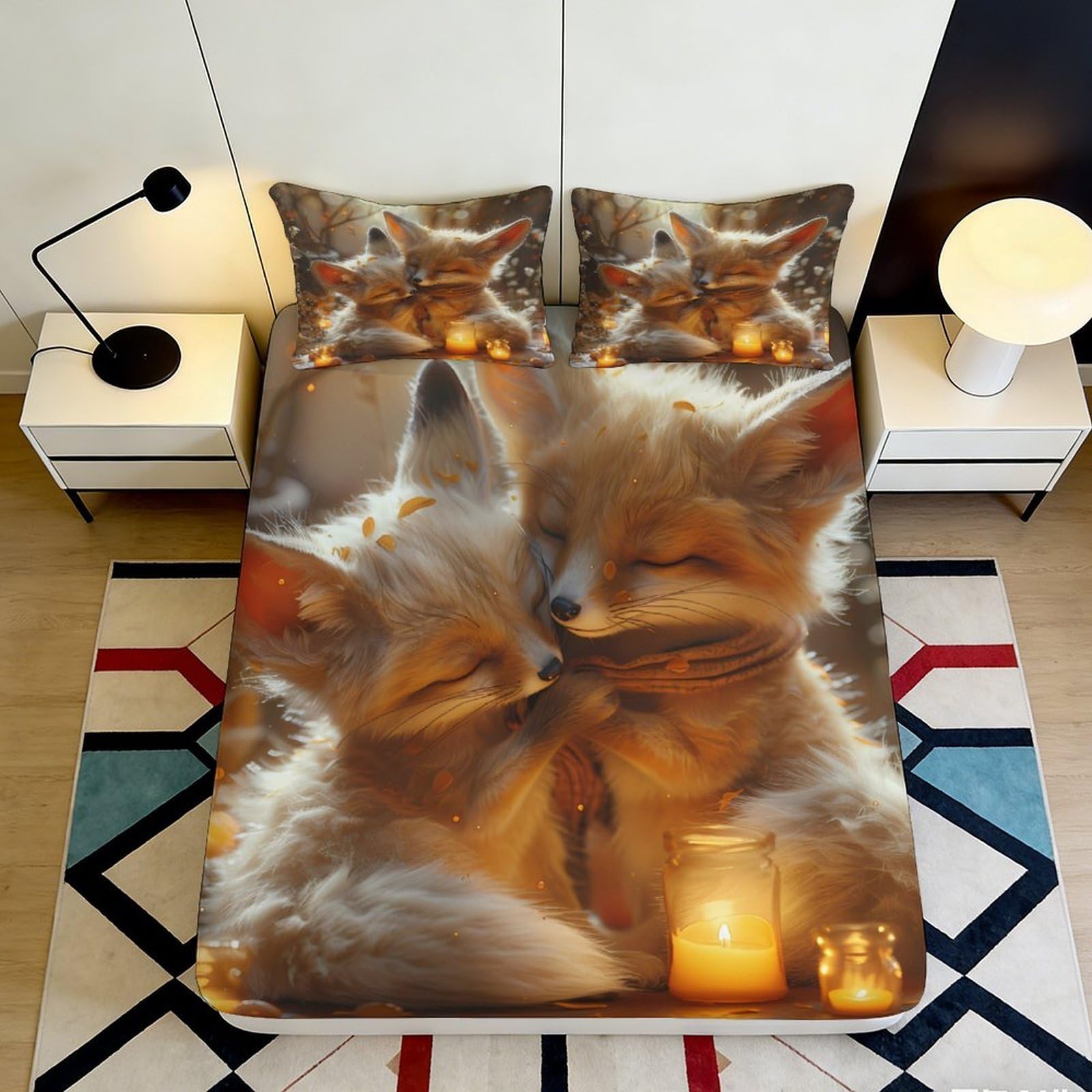 3D Printed Fox Couple Fitted Sheet Microfiber Soft Mattress Cover Candle Night for Bedroom Dorm Decorative 120x200x25cm
