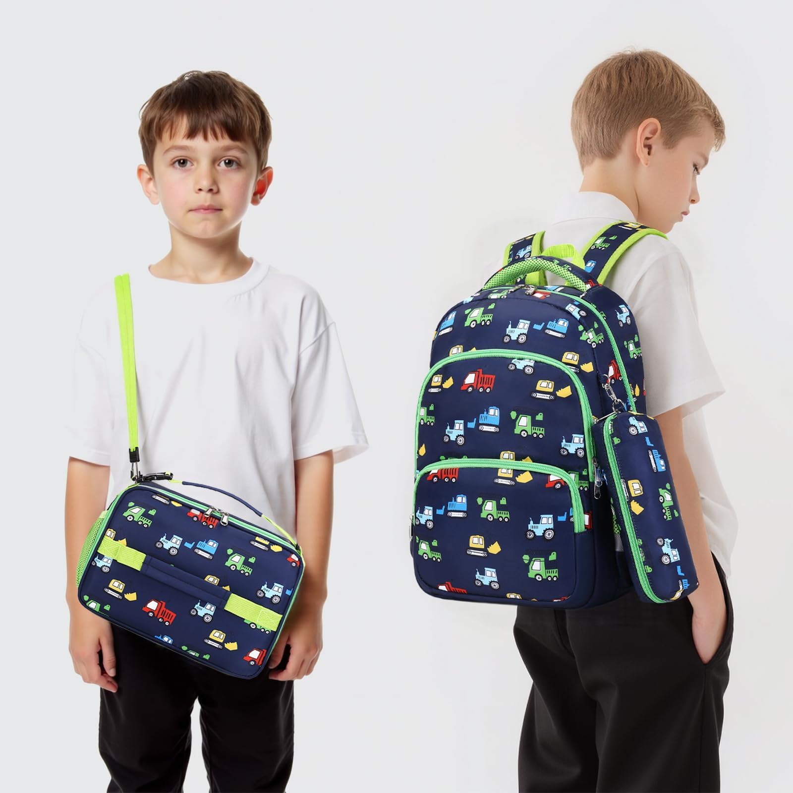mygreen Kinder Rucksack Set, 3-in-1 Schulrucksack mit Lunchbox & Federmäppchen für Jungen Mädchen, Leicht Langlebig für Kita, Picknick, Outdoor-Reisen, Schwarze Dinosaurier