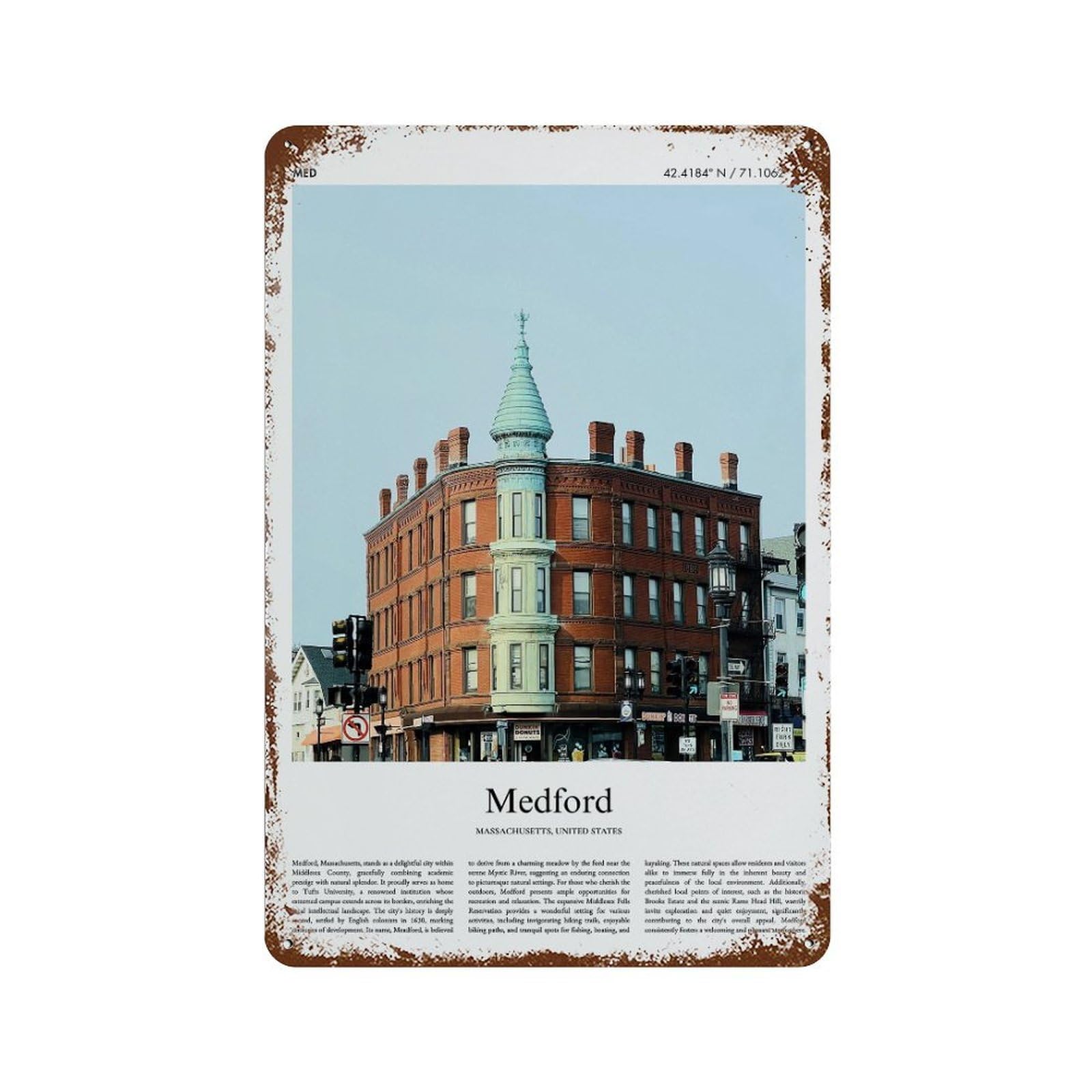 xiaoxiaoshen Medford Massachusetts, United States, USA City Scenery Wall Decor Art Metal Tin Poster Modern Home Decor Art Home Bar Shop Decorations Vintage Sign 30x20cm