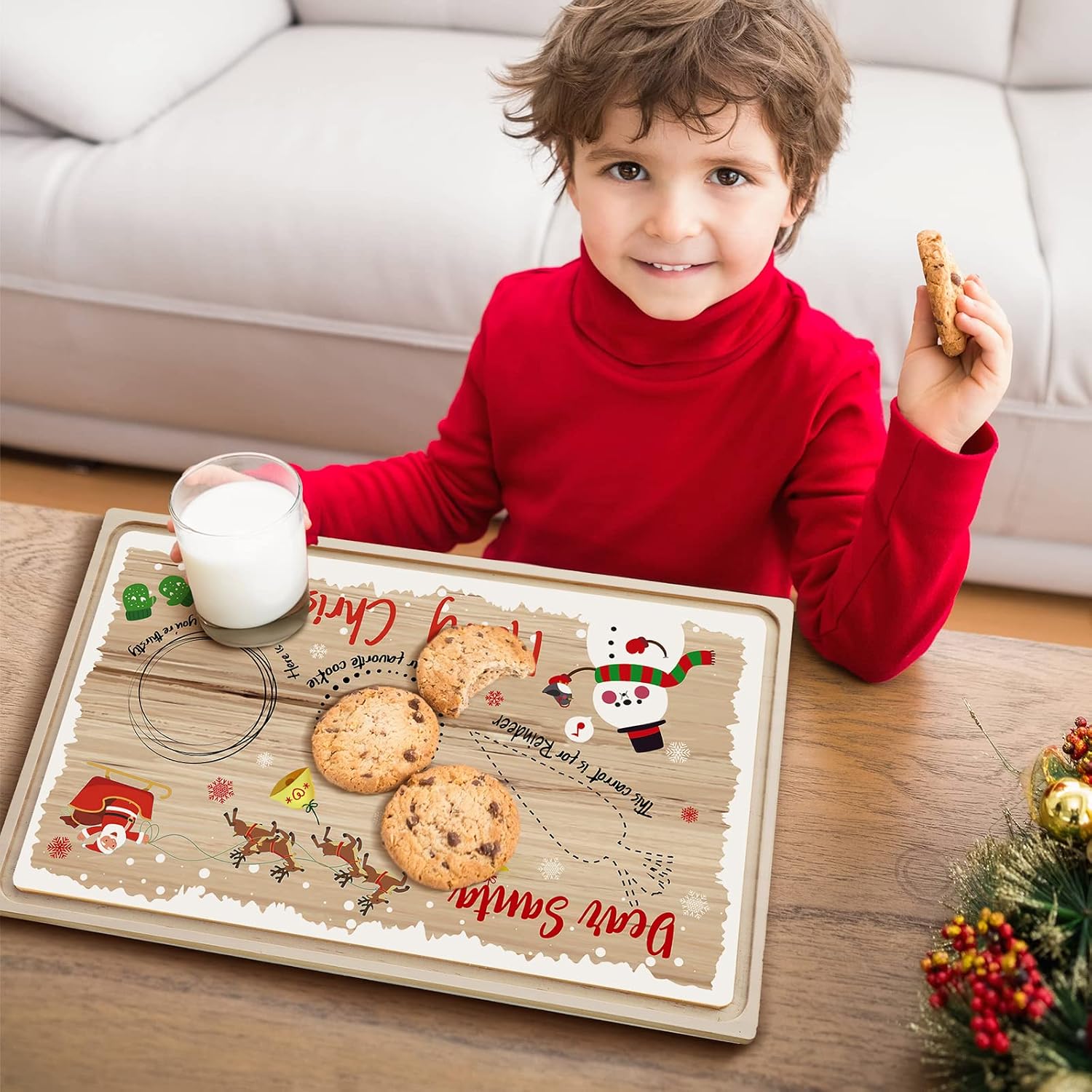 Honeydak Santa Cookie Plate, Dear Santa Christmas Cookies Plate Wooden Tray Platter Mat Milk and Cookie Decorations for Kids Christmas Supplies