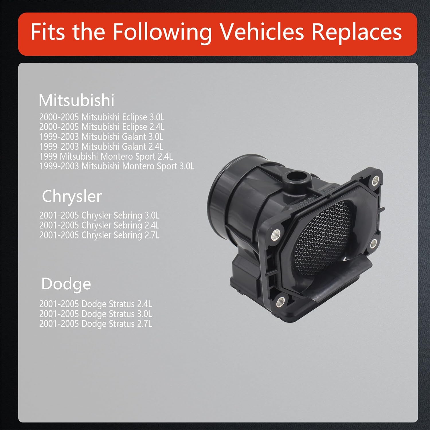 Mass Air Flow Sensor for Dodge Stratus 01-05 & Mitsubishi Eclipse 00-05 / Galant 99-03 / Montero Sport 99-03 & Chrysler Sebring 01-05 Repalces MD336501 7460013 5S2787