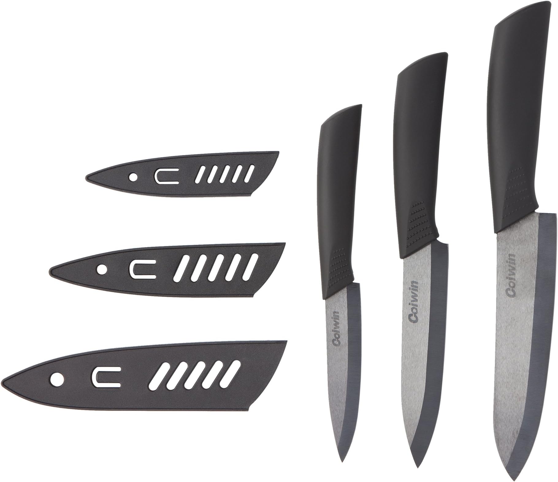 Coiwin Kitchen Cutlery Black Ceramic Knife Set With Sheaths - Super Sharp & Rust Proof & Stain Resistant ( 6" Chef Knife, 5" Utility Knife, 4" Fruit Knife )