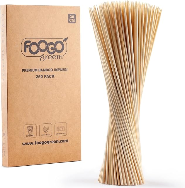 FOOGO Green 250pcs Bamboo Skewers | Large 30cm | Sturdy Eco-Friendly Wooden skewers BBQ skewers| Kebabs Fruit Cocktail | Party Wedding
