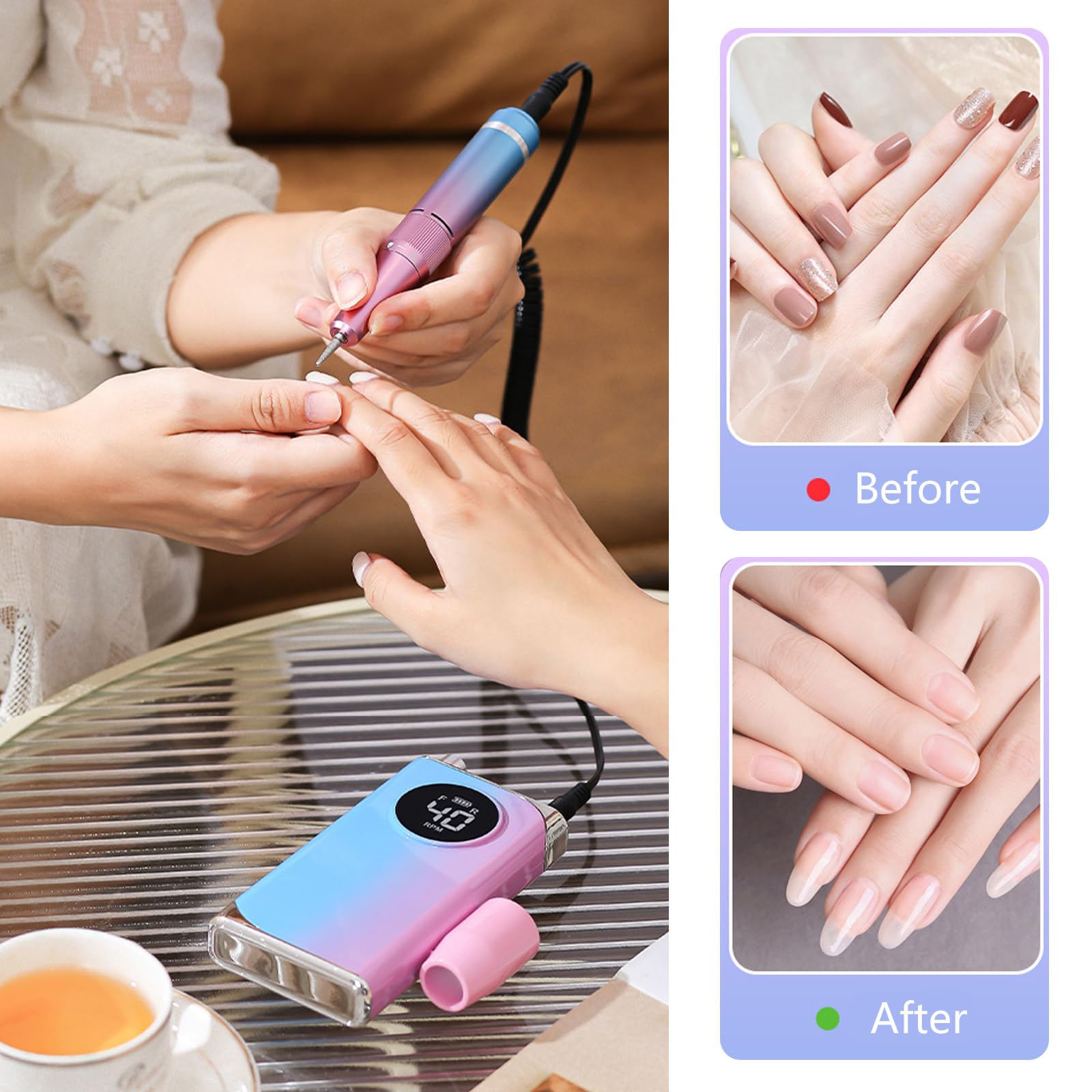 Taladro de uñas portátil 40000 RPM, máquina de eléctrica recargable E para pulido de gel acrílico y eliminación de kits electrónicos inalámbricos con puntas