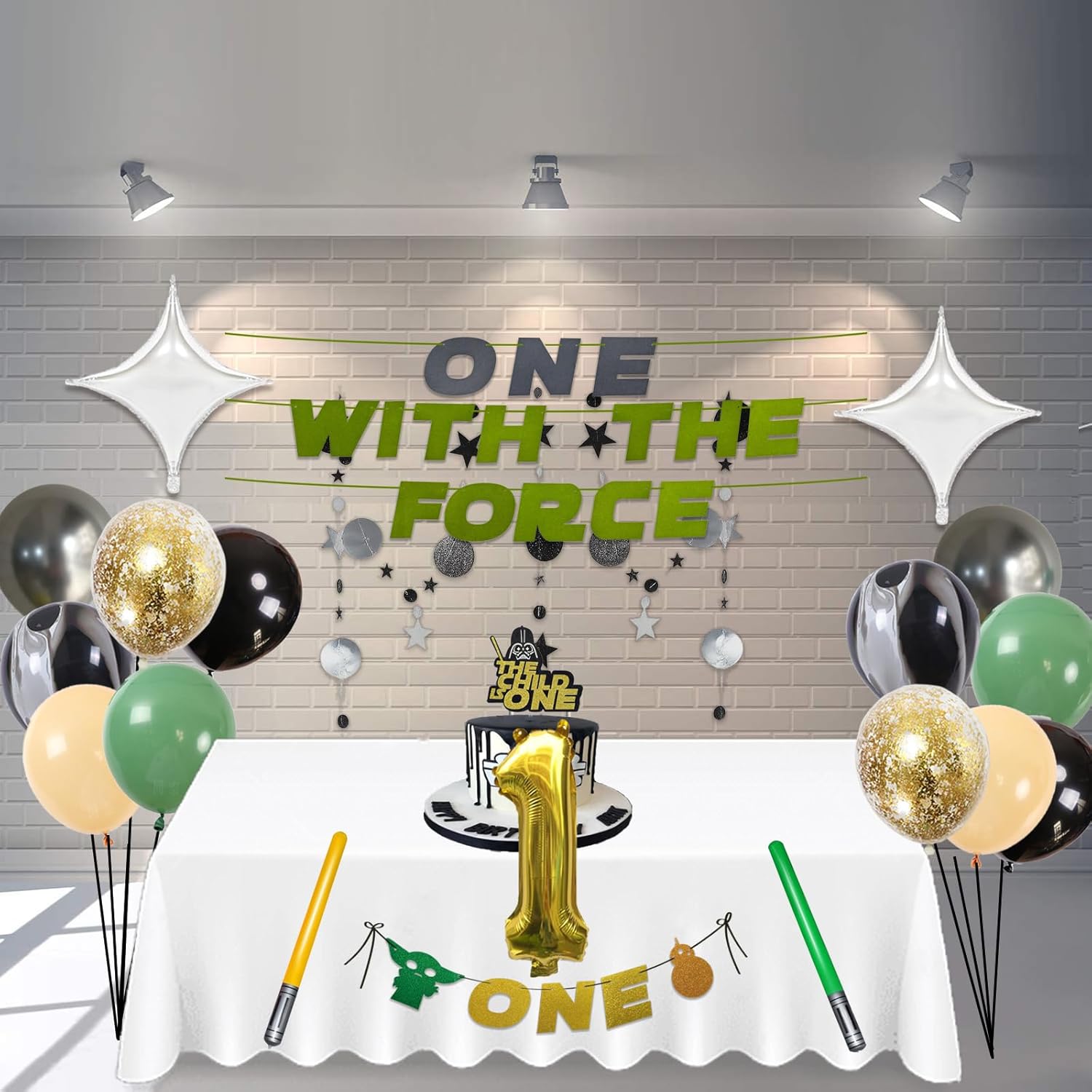 One With The Force Decorations, 1st Birthday Party Supplies Kit, Star Galaxy Baby Shower Bday Decor Set with Happy First Birthday Banner Cake Topper Balloons Fringe Curtain