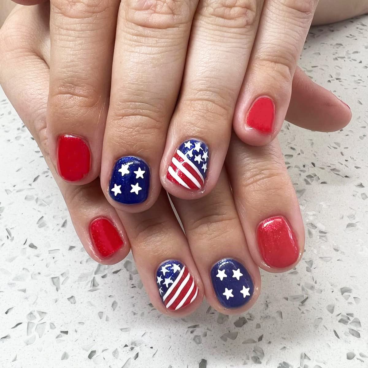 OCOUYVD Short 4th of July Press on Nails Square Fake Nails Short False Nails with American Flag Star Designs Acrylic Nails Red Blue White Glue on Nails for Women Girls 4th of July Nail Decorations