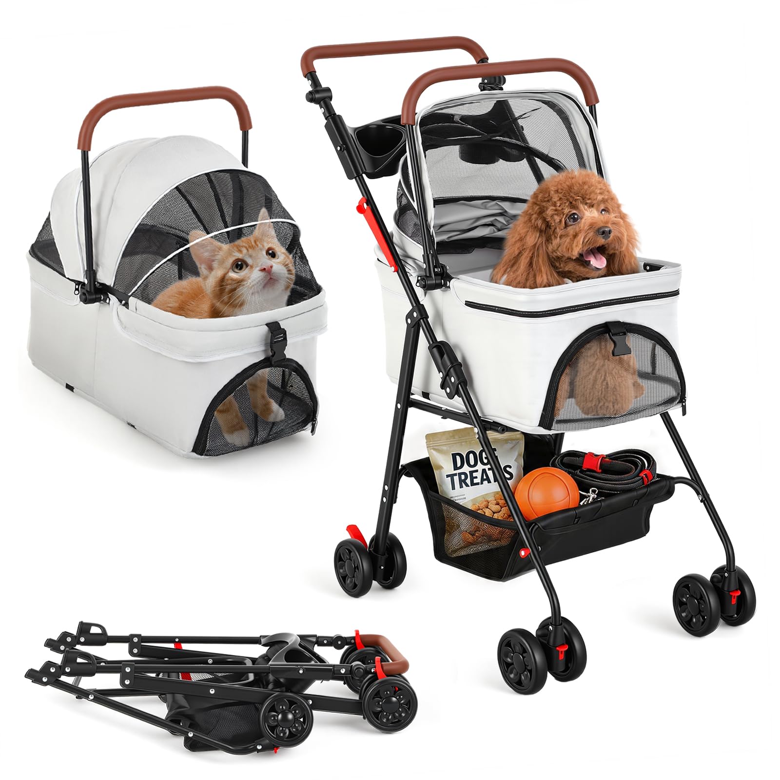 Cochecito para perros 3 en 1, cochecito para perros medianos plegable, hasta 20 kg, con espacio de almacenamiento, carrito para perros con asiento de coche extraíble y compartimento para