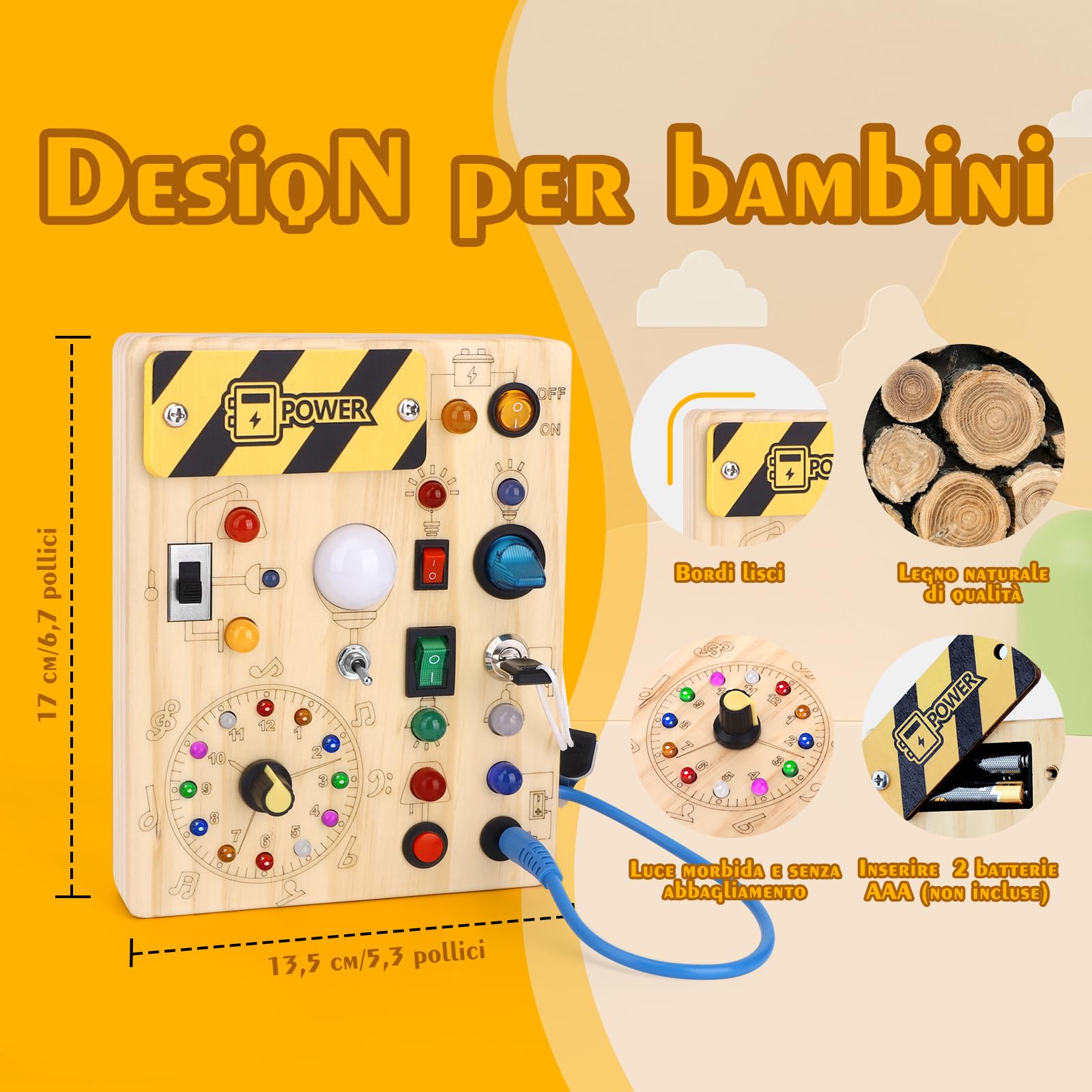 Hoarosall Busy Board Tavola delle attività Montessori in Legno per Bambini 1 2 3 Anni - Busy Board Sensoriale con 10 Interruttori e 23 Luci LED per Sviluppare la Motricità Fine