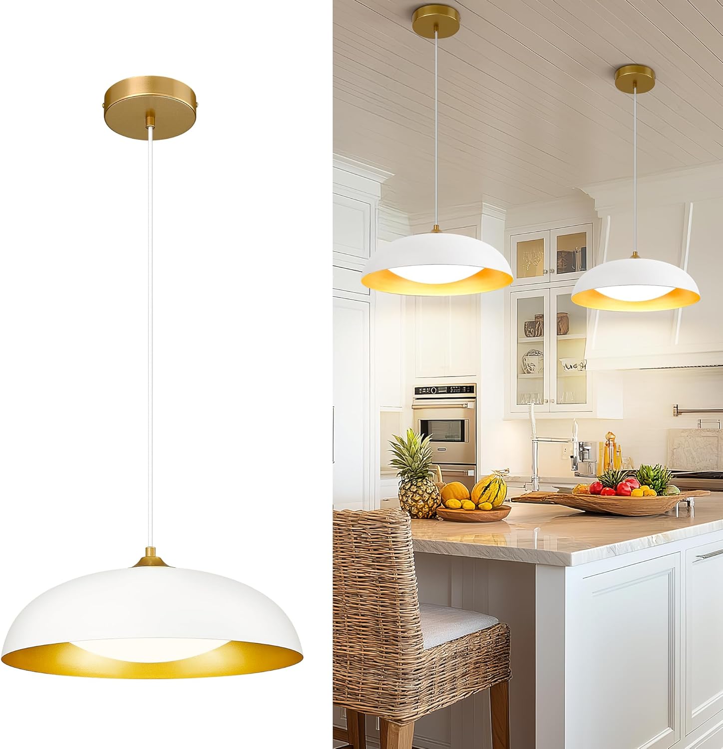 kudos LED Pendant Light Fixtures, Modern White and Gold Pendant Lights, 15 Inch Large Hanging Light Fixtures for Kitchen Island, Dining Room, Living Room, Bedroom, 5CCT Adjustable, KDPL02-WT White 1-Light