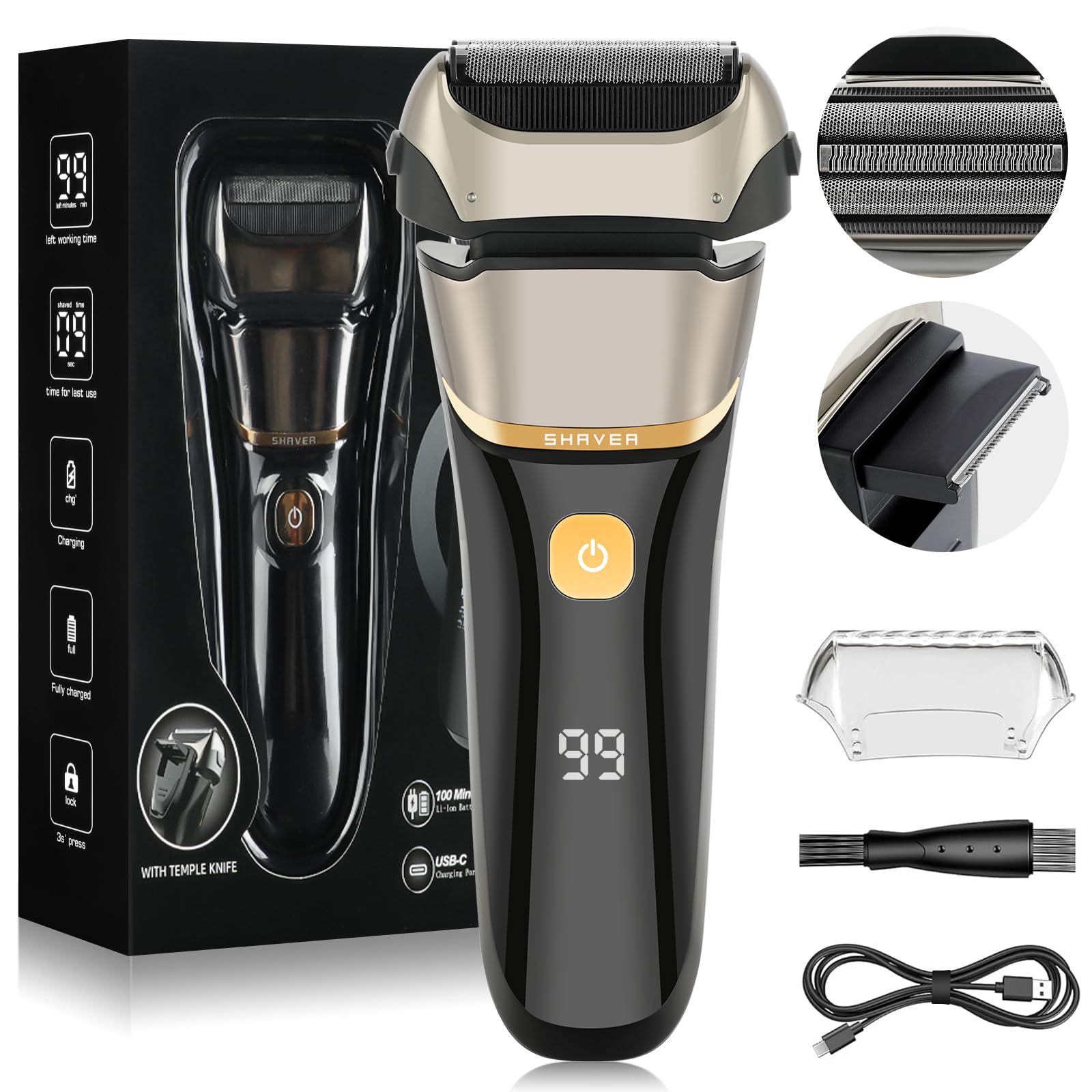 AOOWU Maquinilla de Afeitadora Eléctrica para Hombres, Afeitadora de Láminas para Hombres, Electric Shaver Recargable con LED Mostrar, en Seco y Mojado, Cabezal de Afeitado de Malla de 3 Capas