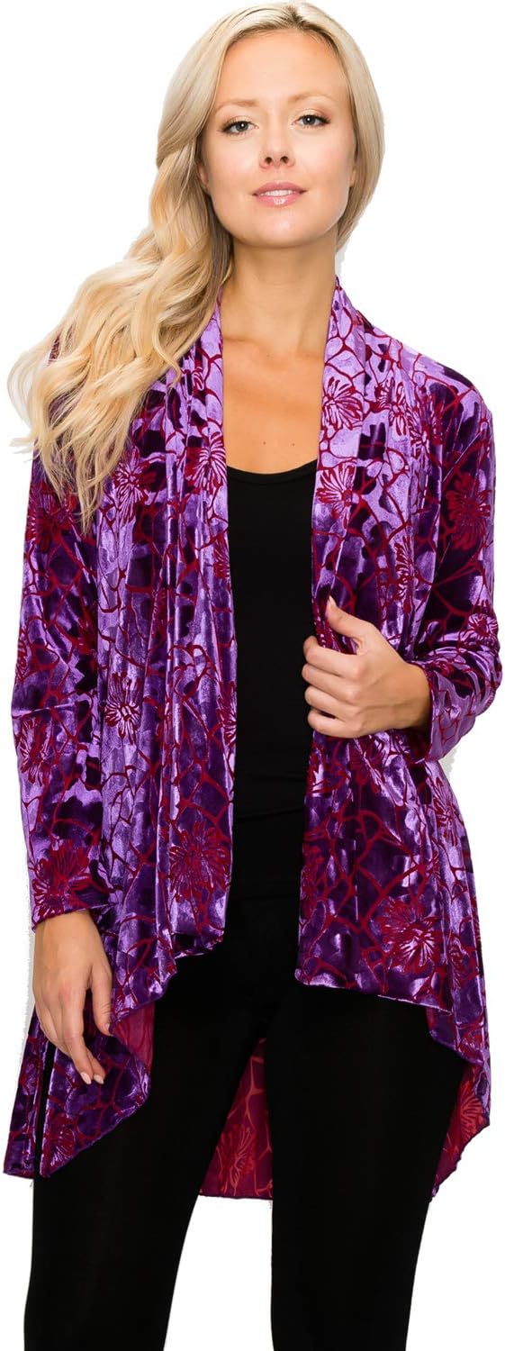 Jostar Women's Velvet Burnout Jacket - Long Sleeve Print Open Front Cardigan