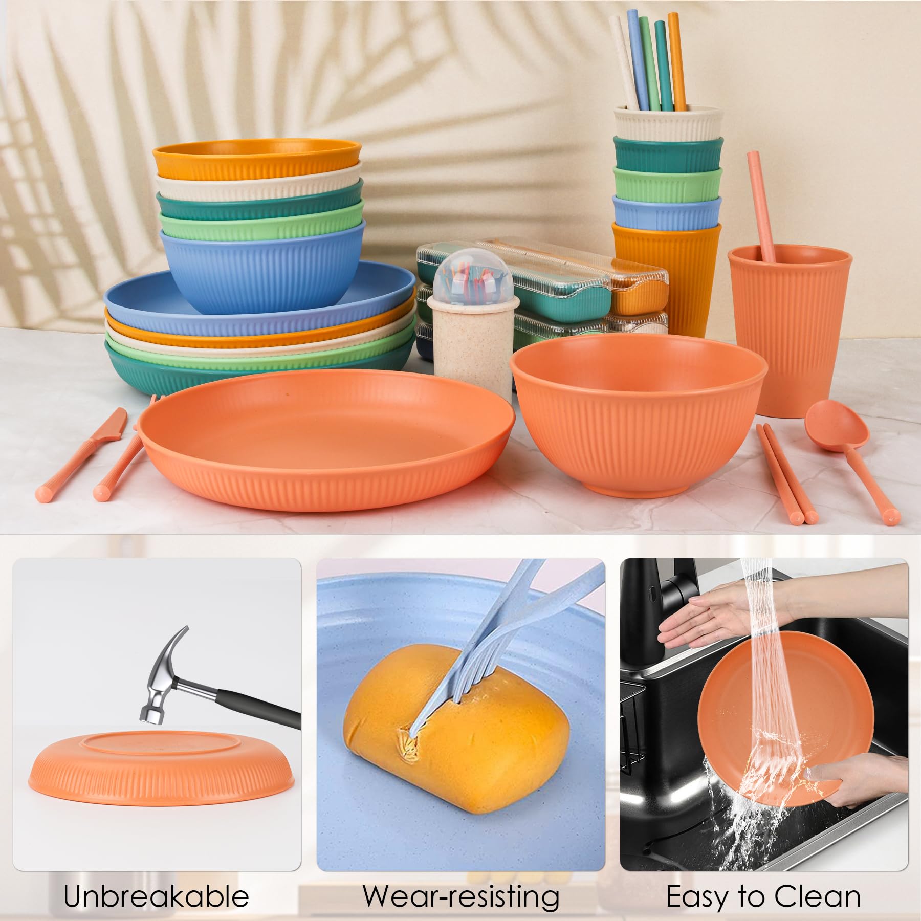 Set di stoviglie infrangibili per 6 persone, 66 pezzi, piatti e ciotole in plastica, piatti in plastica leggera, riutilizzabili, ciotole, tazze, posate, cannuccia, forchette, set di stoviglie per