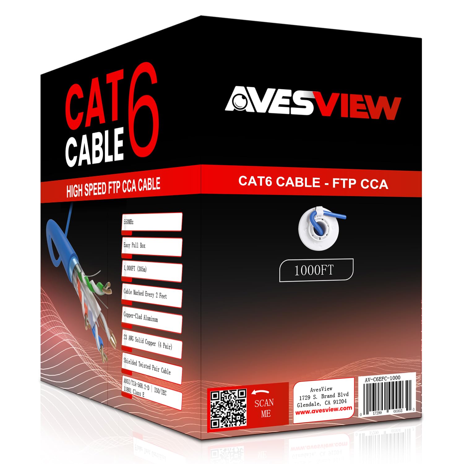 CAT6 Indoor 1000ft Shielded Ethernet Cable Easy Pull Box 10Gbps Cat 6 High-Speed Internet Cable Foiled Twisted Pair (FTP) Copper Clad Aluminum (CCA) 23AWG 550MHz – Blue