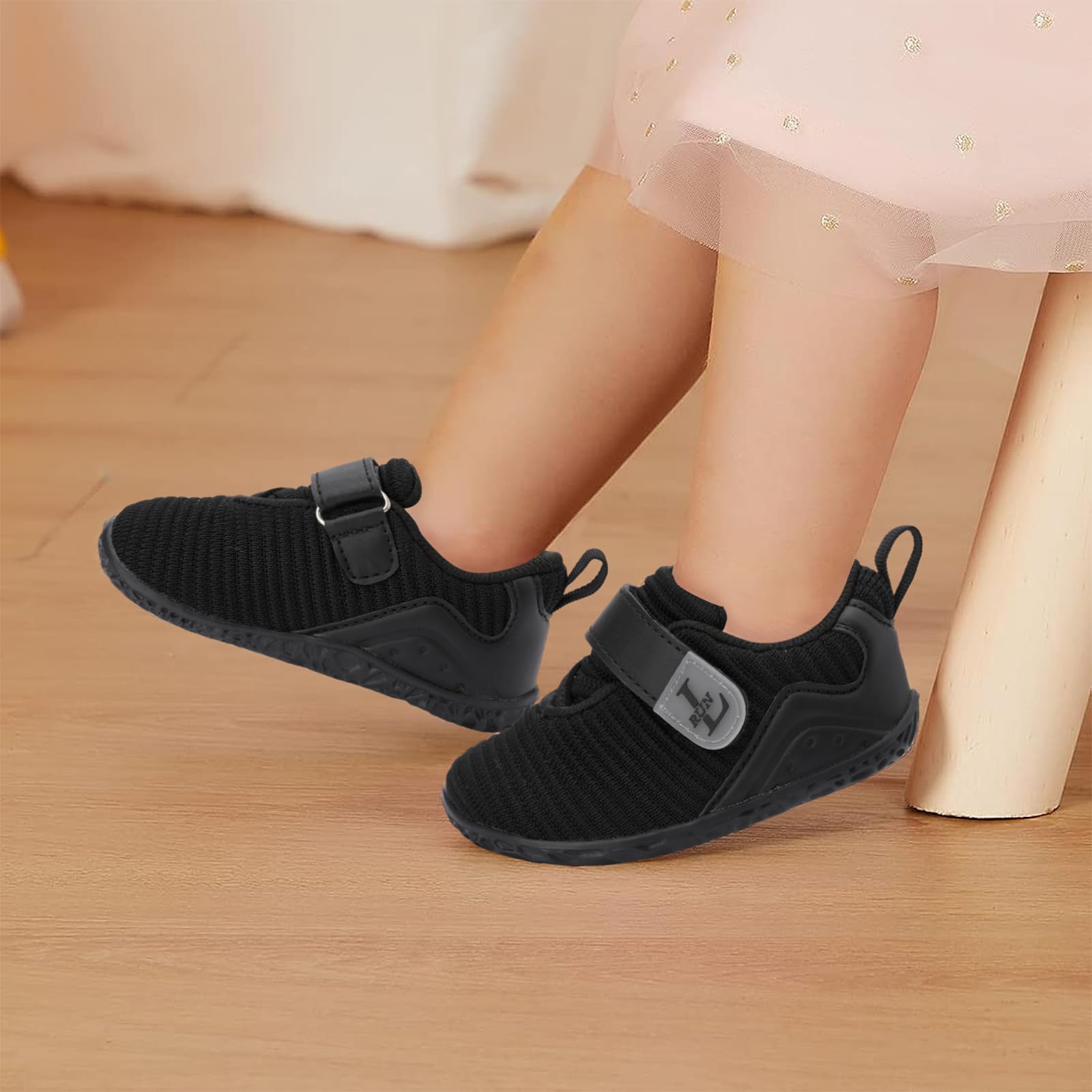 L-RUN Kids Shoes Girls Lightweight Breathable Knit School Shoes Barefoot Toddler Shoes Black 9.5-10 Toddler