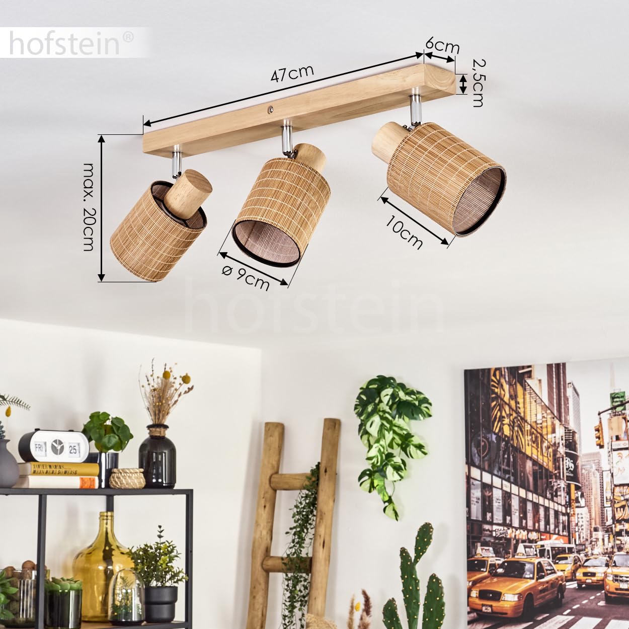 Lampada da soffitto Kinnared, lampada moderna in legno/metallo/bambù nei colori naturali/cromati/marrone, a 3 luci design scandinavo con faretti regolabili, x E14, senza lampadine