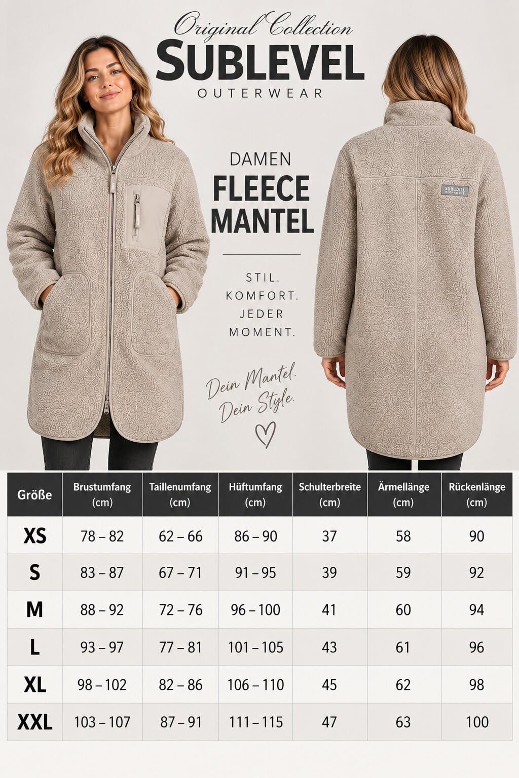Sublevel Damen Teddy Fleece Mantel Lang – Kuschelige Teddyjacke mit Stehkragen, 2-Wege-Reißverschluss & Taschen – Fleecemantel für Herbst Winter