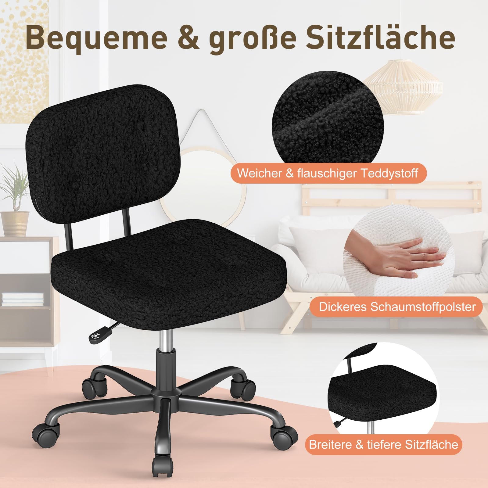 AnyGod Schreibtischstuhl ohne Armlehne, Kompakter Drehstuhl mit Rollen & Höhenverstellbar, Ergonomischer Computerstuhl für kleine Räume & Schminktisch, Teddy-Stoff Schwarz