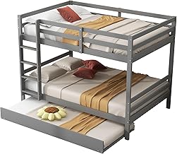 Azkoeesy Bunk Bed 140 x 200 cm with Trundle Bed, Slatted Base, Protection Against Falls, Children's Bed for Children and Teenagers, Pine Wood (Grey)
