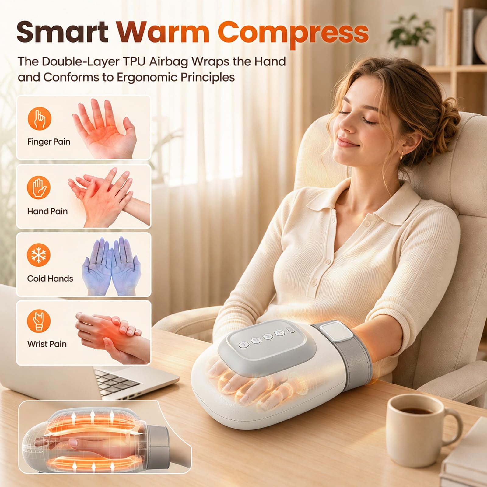 Elektrischer Handmassagegerät mit Wärme und Kompression – 3 Massage-Modi, 3 Temperaturstufen, 5 Intensitäten, Kabellos & Tragbar, Linderung von Arthritis und Karpaltunnel-Syndrom
