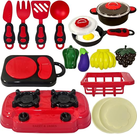 HARRY & JAMES® 19 Pcs Portable Cooking Play Set Kitchen with Cookware Pots and Pans Cooking Utensils Cutting Vegetables & Fruits Pretend Role Play Toys Kitchen Set for Kids,Boys,Girls,Childrens