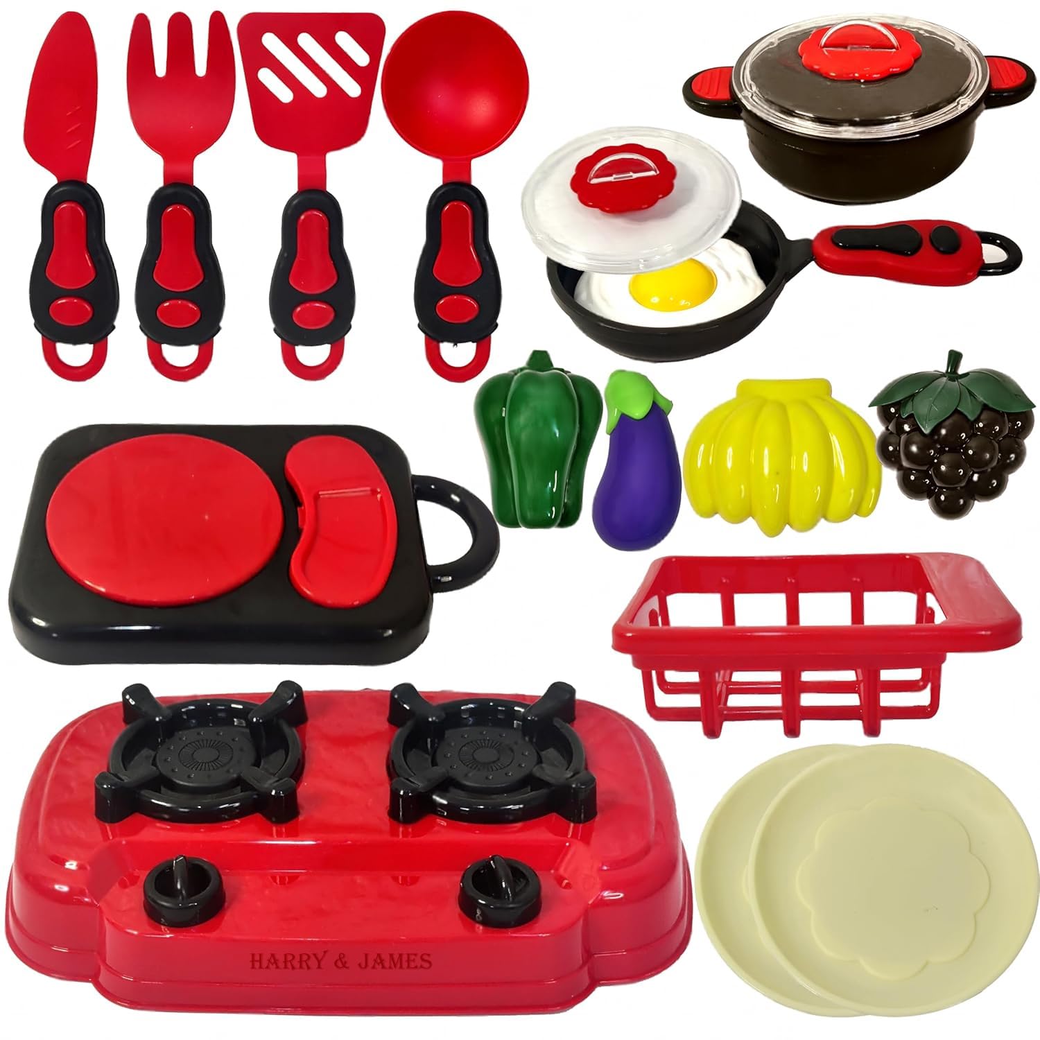 HARRY & JAMES® 19 Pcs Portable Cooking Play Set Kitchen with Cookware Pots and Pans Cooking Utensils Cutting Vegetables & Fruits Pretend Role Play Toys Kitchen Set for Kids,Boys,Girls,Childrens-image-38