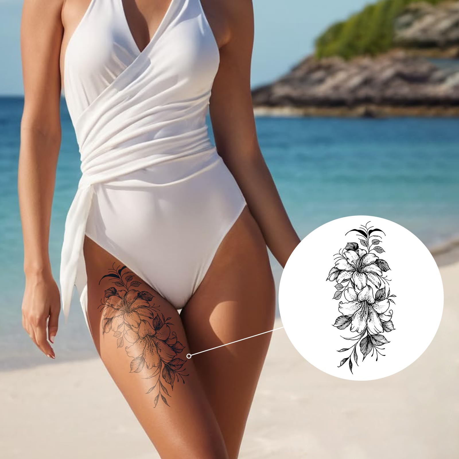 Tattoo Tech, 2 Sheets Large Semi Permanent Tattoo, Lasts 7-15 Days Temporary Tattoos(Flowers with Branches), Waterproof and Non-Reflective, for Arm Thigh Back