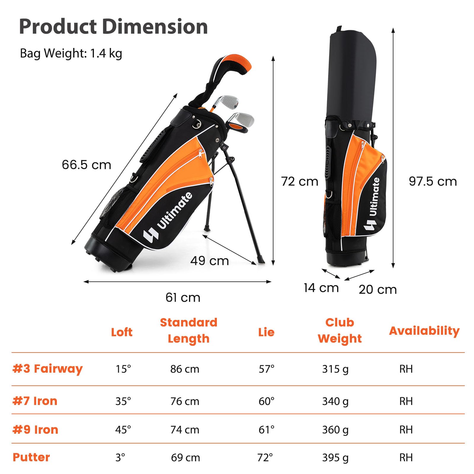 LIFEZEAL Ensemble de Clubs de Golf pour Enfant droitier avec Fer #3 Fairway, #7 & #9, Putter, Couvre-Clubs, équipement de Golf pour garçons et Filles de 8 à 10 Ans