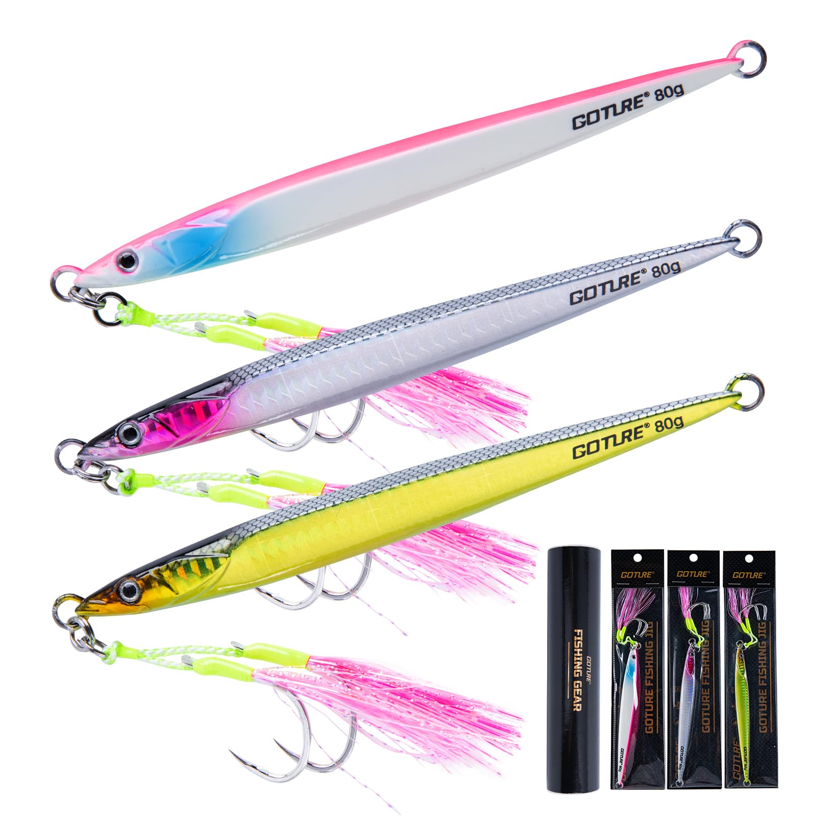 Goture Fishing Jigs, 3Pcs 300g Vertical Jig Saltwater, Jig Fishing Lures with Assist Hooks, Deep Sea Jigging Spoon Lures, Speed Fast Fall Jigs for Tuna, Salmon, Bass, Kingfish