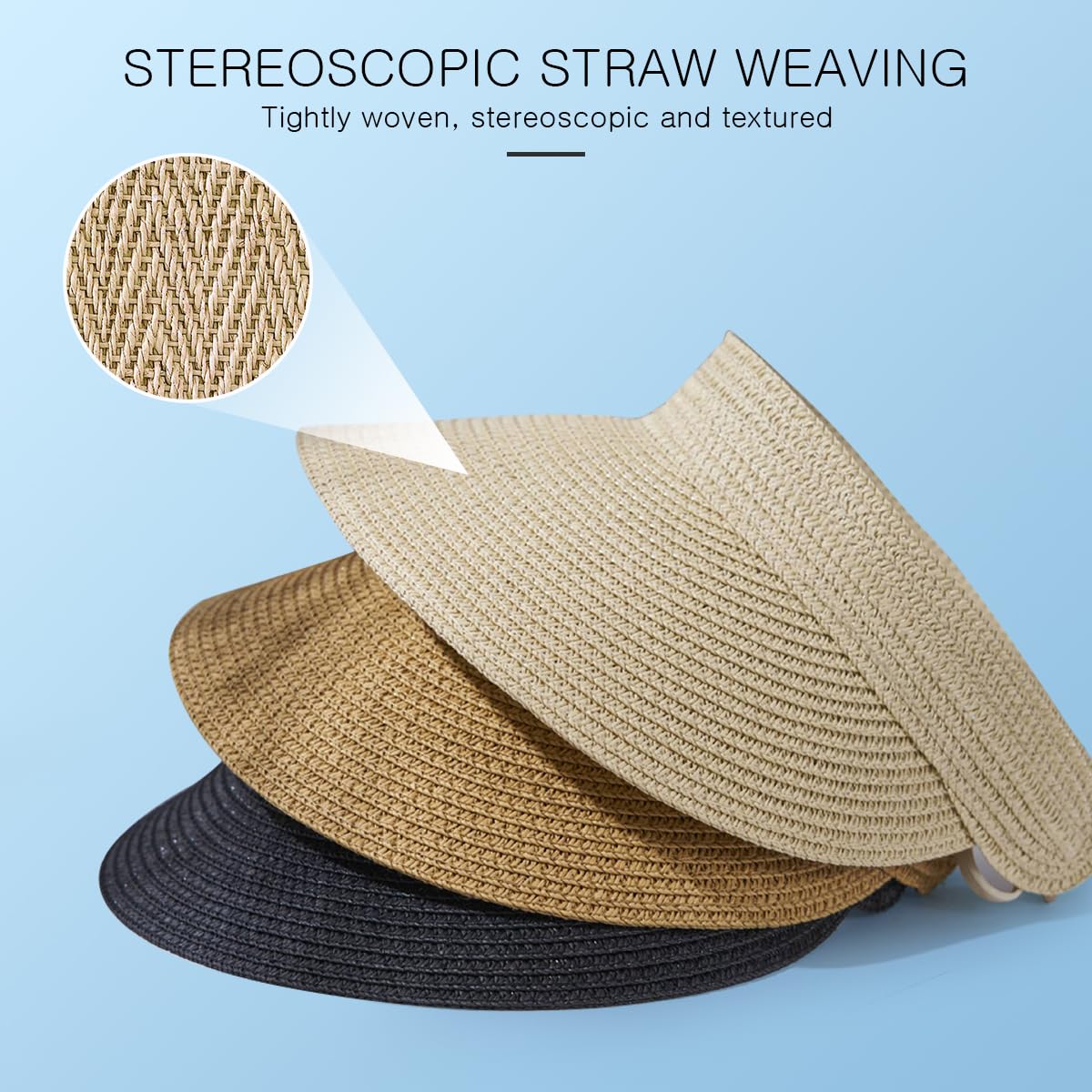 LumiSyne Visera De Paja Mujer Sombrero De Sol ala Ancha Protección UV Top Vacío Transpirable Ajustable Enrollable Gorra Visera De Paja Sombrero De Playa Viseras De Verano para Viaje Outdoors