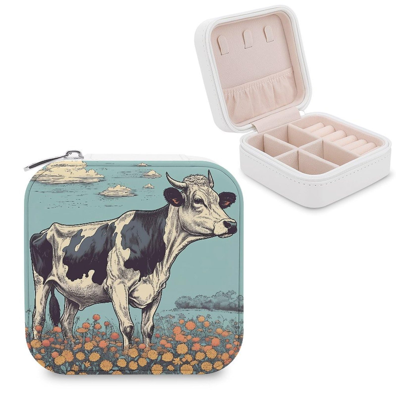 FekiLoot Hand Drawn Cow Jewelry Case Personalized Leather Jewelry Box Mini Travel Jewelry Case Small Portable Jewelry Organizer for Ring Earrings Necklace Bracelet