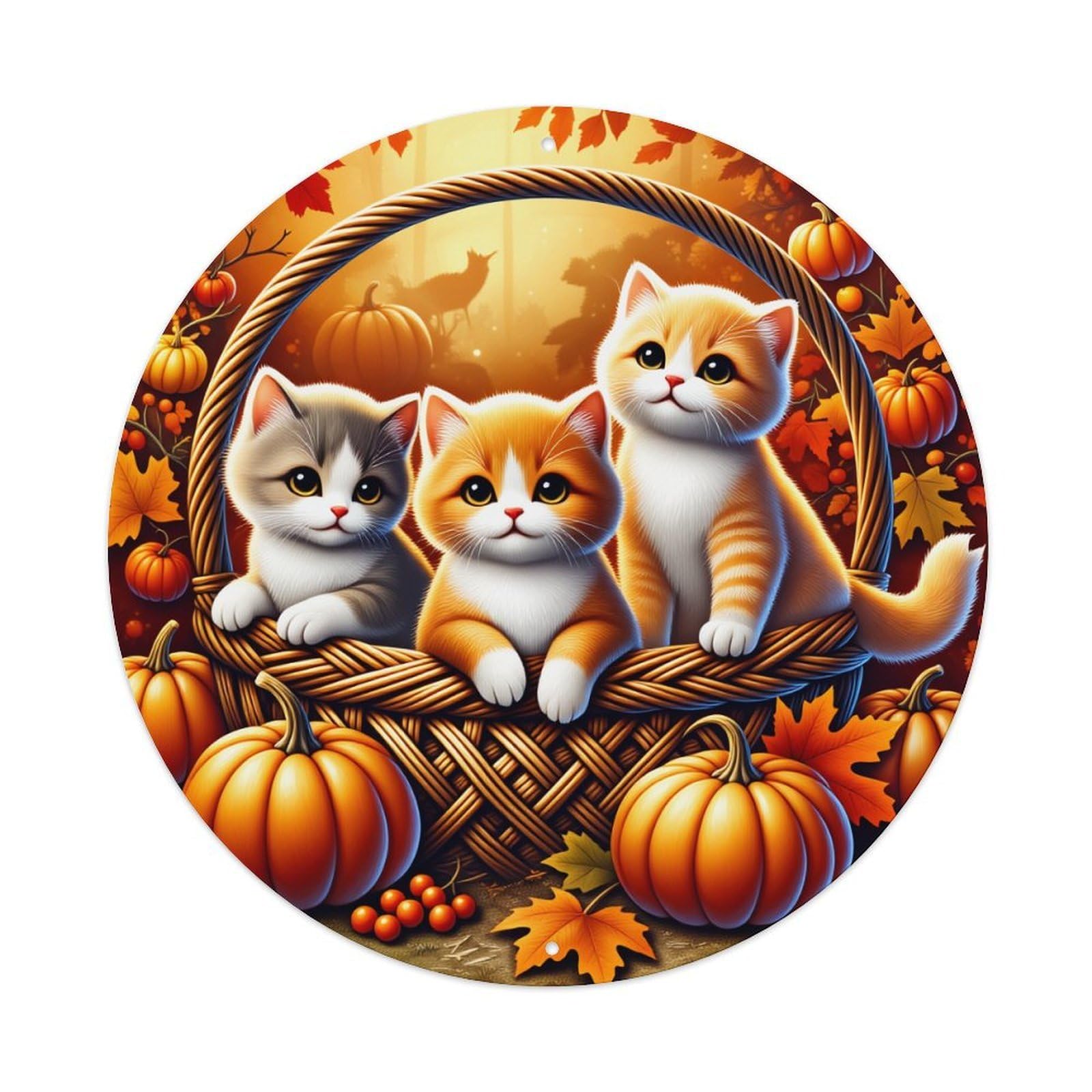 Autumn Kittens Basket Pumpkins Leaves Metal Tin Sign Vintage Garden Bedroom Cafe Bar Man Cave Home Wall Decor Metal Poster 8x8 inches