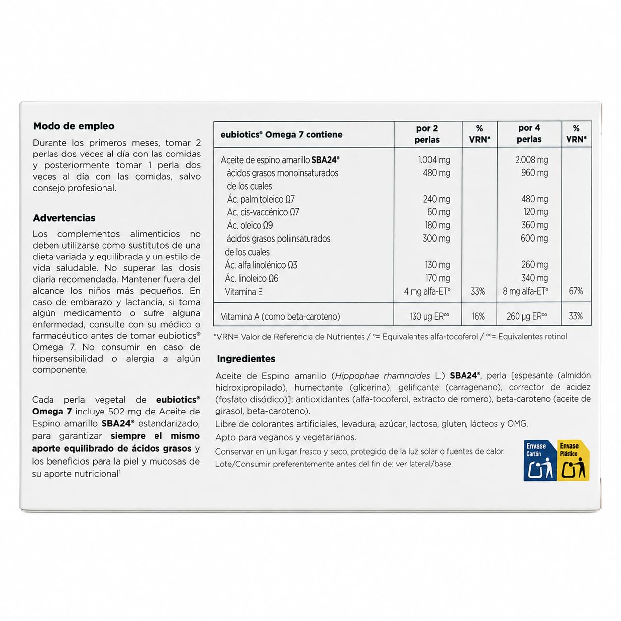 Eubiotics Omega 7 – 120 Perlas – Aceite de Espino Amarillo SBA24 con Omega 7, 3, 6 y 9 – Vitaminas A y E – Apto para Veganos – Sin Gluten, Lactosa ni Azúcar
