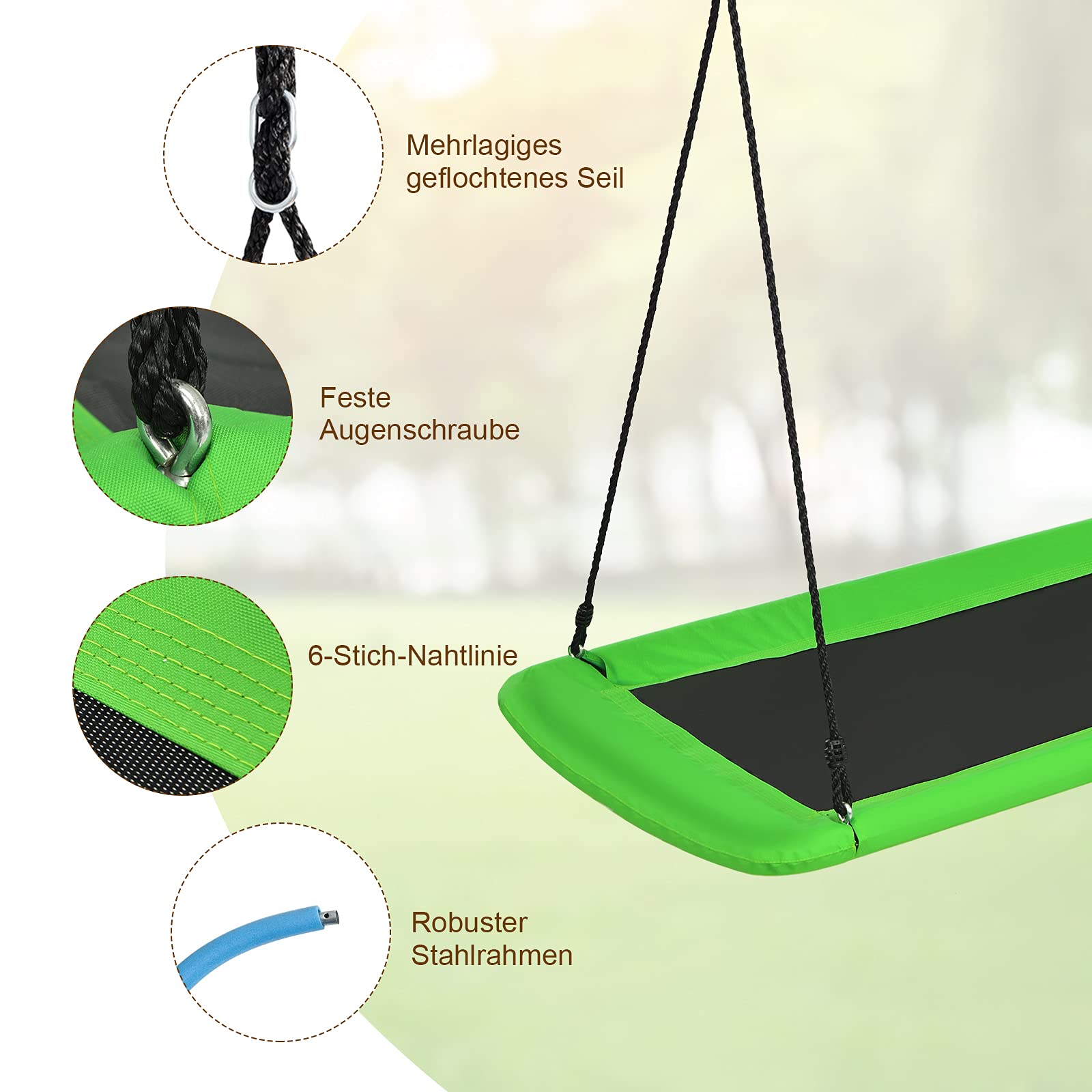 DREAMADE Nestschaukel, 100-180 cm höhenverstellbar, Baumschaukel bis 150 kg belastbar, Tellerschaukel für Innen & Außenbereich, Gartenschaukel für Kinder & Erwachsene, 150 x 80 cm (Grün)