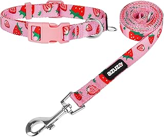 azuza Juego de collar y correa para perro, bonitos patrones de fresa en collar de nailon rosa y correa a juego, gran opción para perros pequeños