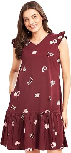 AV2 Women's Cotton Sleeveless Printed Sleep Dress with Tier Detail | Short Nighty | Sleep Shirt Maroon Medium 3150