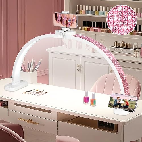 Miniatura 9 de HITTI Lámpara de escritorio de media luna de 29 pulgadas para uñas con soporte para teléfono, lámpara de mesa plegable para uñas, lámpara de mesa 29
