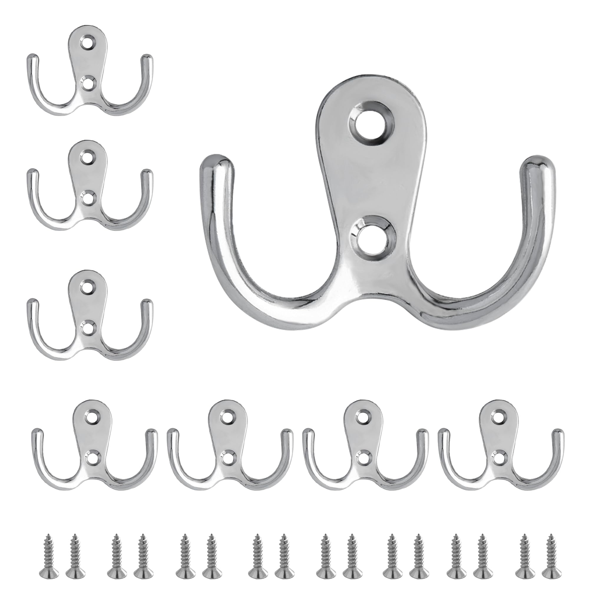 SZWLJ 8PCS Dual Coat Hooks, Silver Metal Double Prong Coat Hooks Wall Mounted with Screws, Door Hooks can be Used for Hanging Clothes, Towels, Suitable for Bedroom, Bathroom