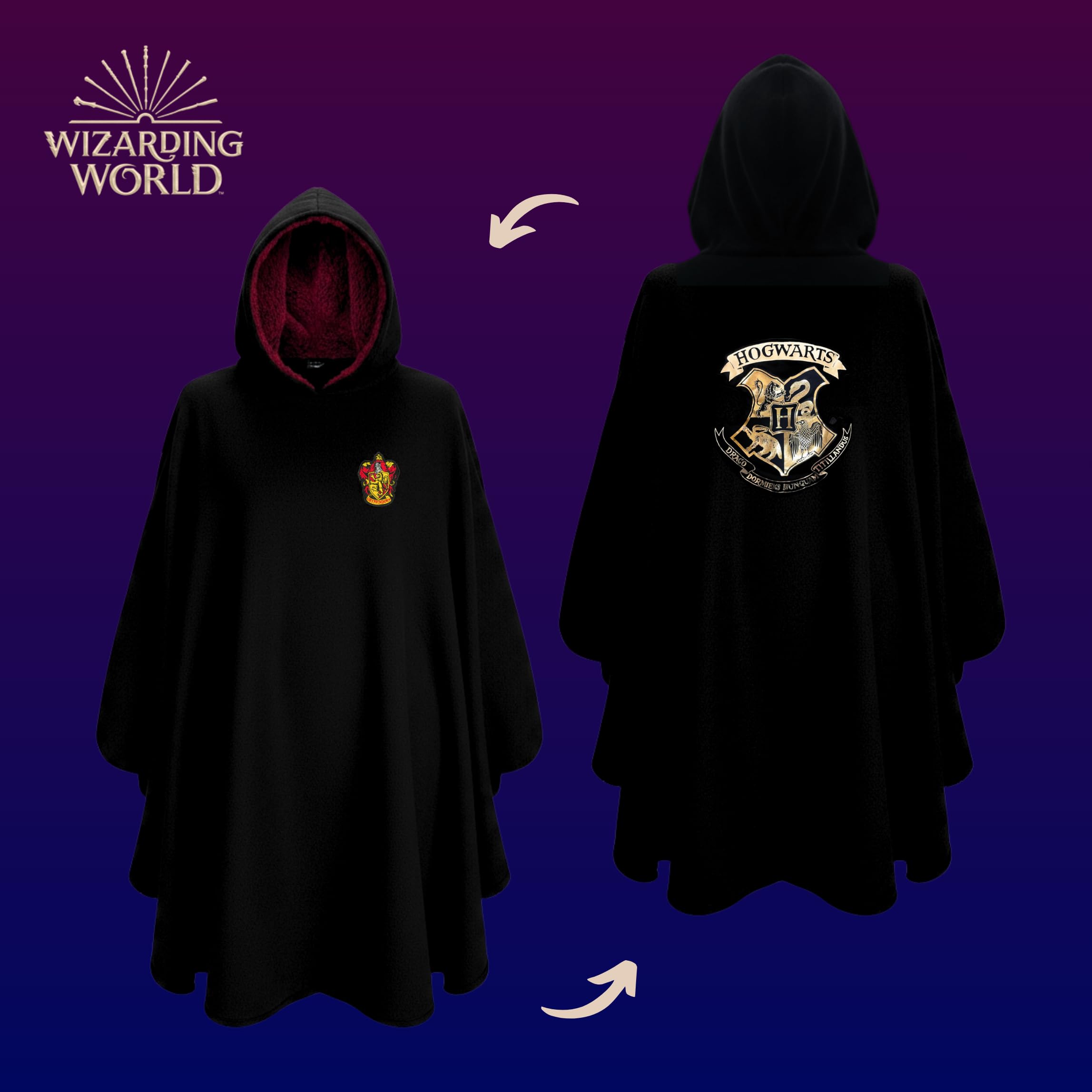 Harry Potter Couverture à Capuche, Design Polaire Sweat a Capuche Poudlard Poncho, Cape Gryffondor Officielle, Cadeau pour Adultes et Adolescents
