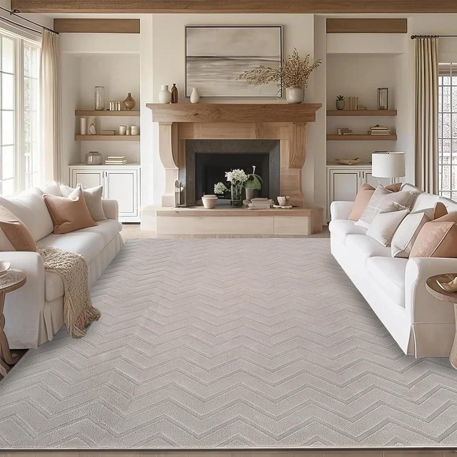 USTIDE Wave Area Rug 5x7.5 ft, Soft Fluffy High-Low Pile, Non-Slip Washable Modern Geometric Textured Rug for Living Room Bedroom Kitchen Entryway Bathroom, Beige