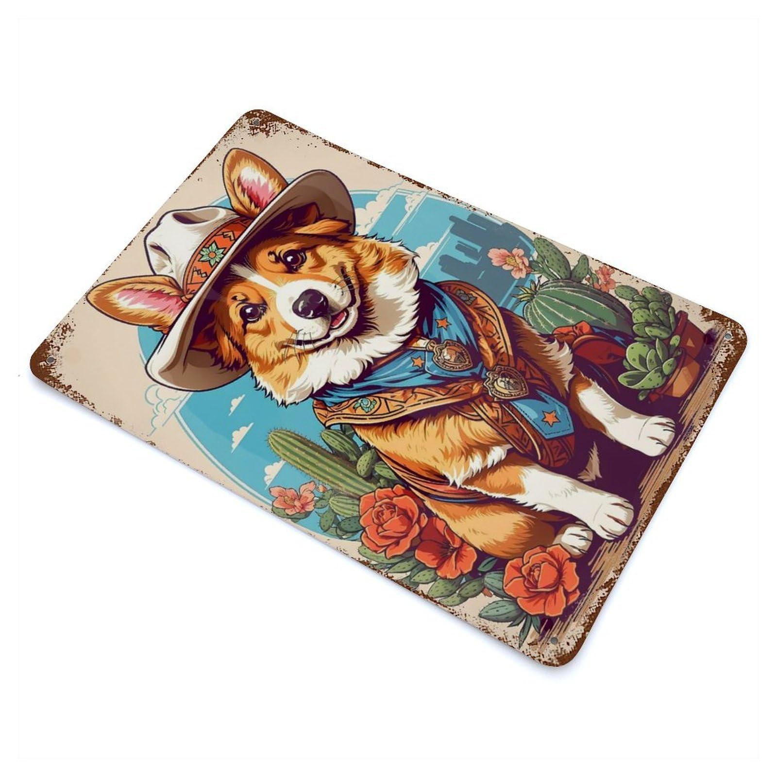 Vintage Rust Metal Sign Corgi Cowboy 11.8"x7.9", Shabby Chic Decor for Cafe, Home Bar And Lounge Decor