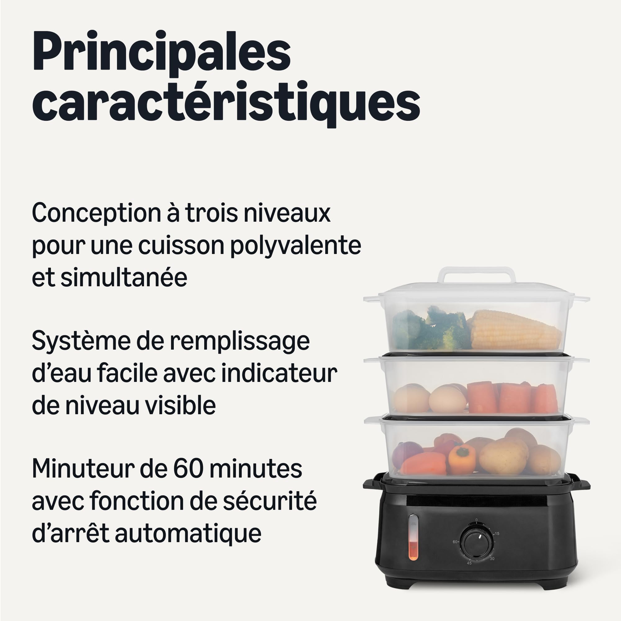 Amazon Basics Cuiseur à Vapeur Électrique 3 Étages 9L 950W Noir