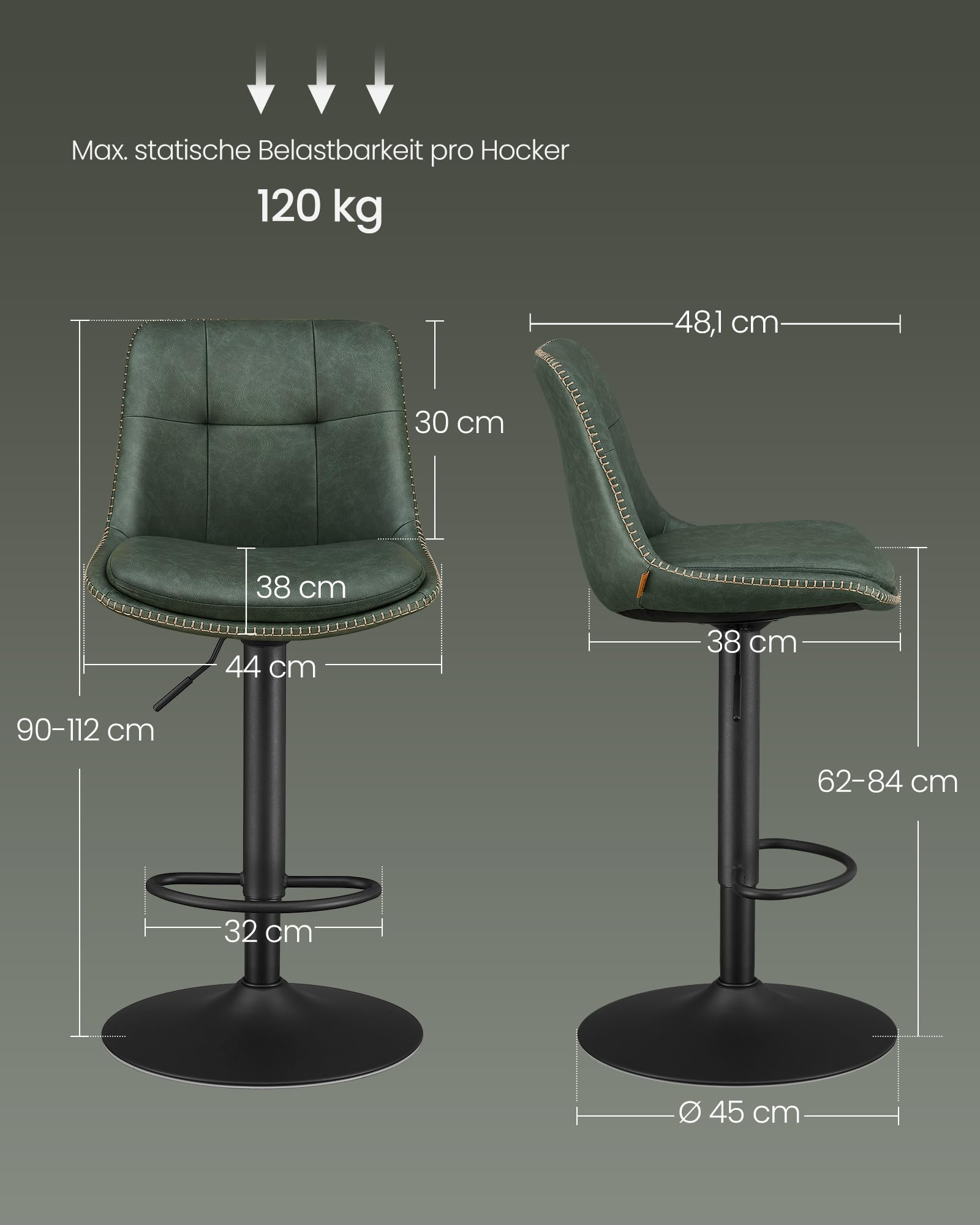 VASAGLE Barhocker 4er Set, Barstühle höhenverstellbar, drehbare Küchenhocker, gesteppter PU-Bezug, mit Rückenlehne und Fußstütze, Esszimmer, Theke, Stahl, waldgrün LJB295C01