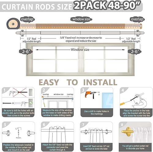 Miniatura 7 de TVWOO Paquete de 2 barras de cortina envolventes, barras de cortina doradas de 48 a 84 pulgadas, juego de barras de cortina opacas ajustables de 58