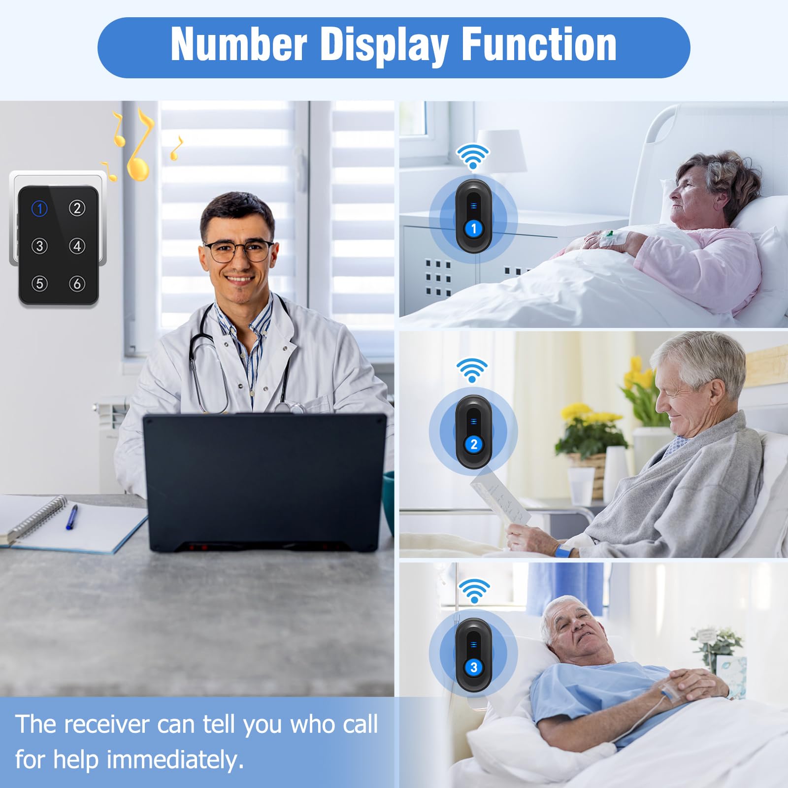 Daytech Elderly Pager, 6-stellige Display-Positionierung, 110 dB, für Zuhause, Pflegeheim, Krankenhaus (1 Empfänger + 6 Tasten)
