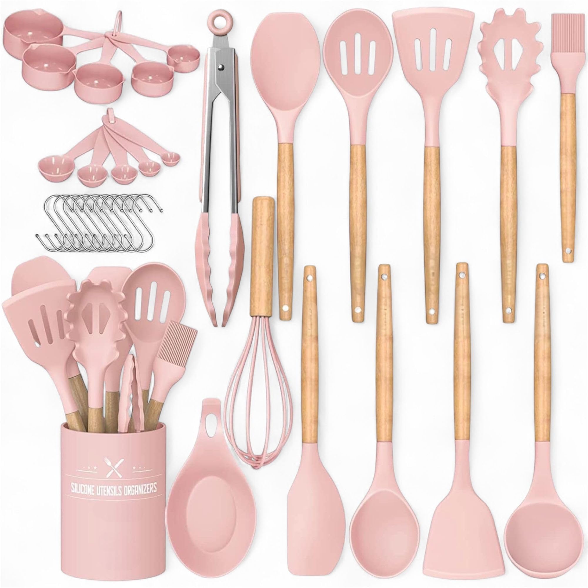 AHASON'S Set di 33 utensili da cucina in silicone antiaderente con supporto, manico in legno resistente al calore, set di utensili da cucina in silicone