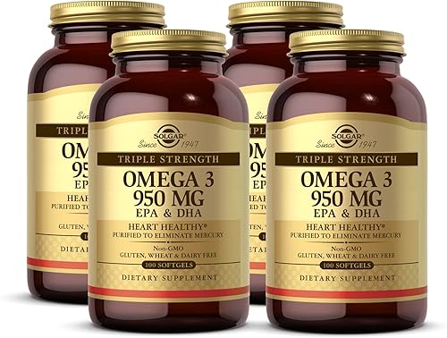 Solgar Triple Fuerza Omega-3 950 mg 100 cápsulas blandas - Paquete de 4 - Apoya cardiovascular la salud de las articulaciones la piel y el corazón -