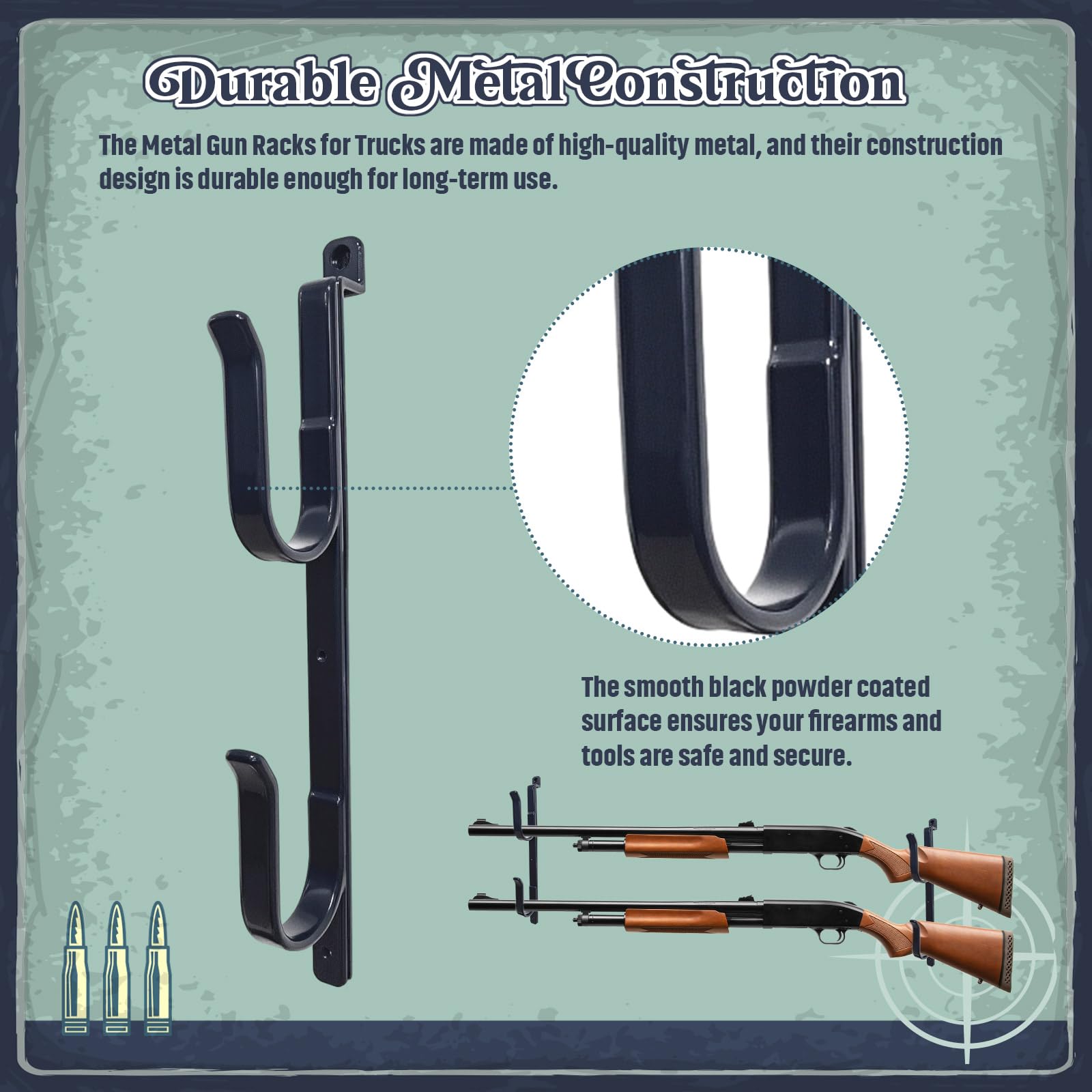 RUSFOL 2-Pack Metal Gun Racks for Truck, Durable Outdoor Truck Gun Holder for Rear Window, Adjustable Wall-mounted Gun Racks, Hang for Two Guns, Rifles, Bows, Arrows, or Tools, Used for Cars, ATV&UTV