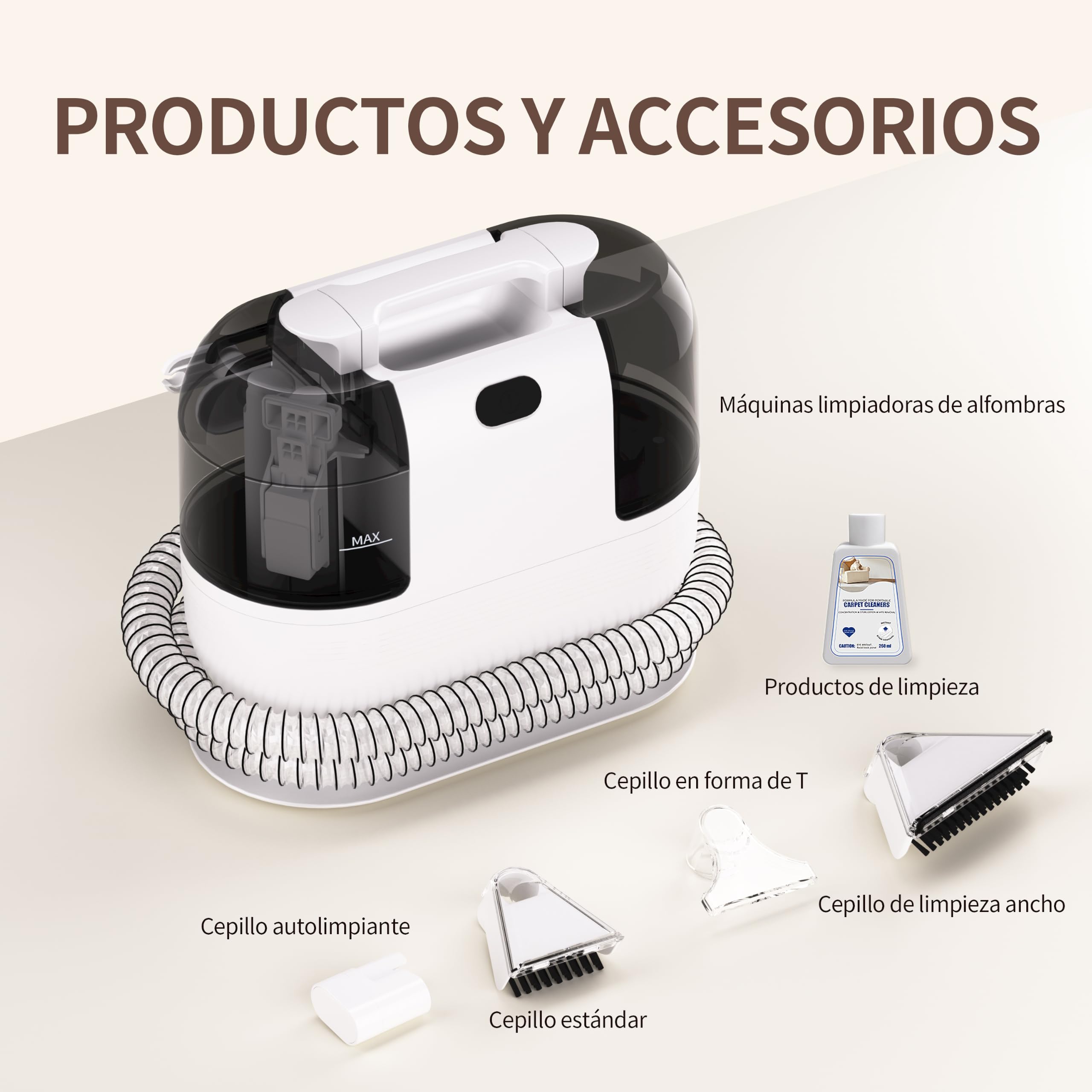 Aspiradora de Agua para Tapicerías, Limpiador Húmedo de Sofás, Alfombras y Colchones, Motor 500W Succión 18kPa, Depósitos Dobles, Cepillos Multiusos para Limpieza Profunda de Manchas en Hogar y Coche