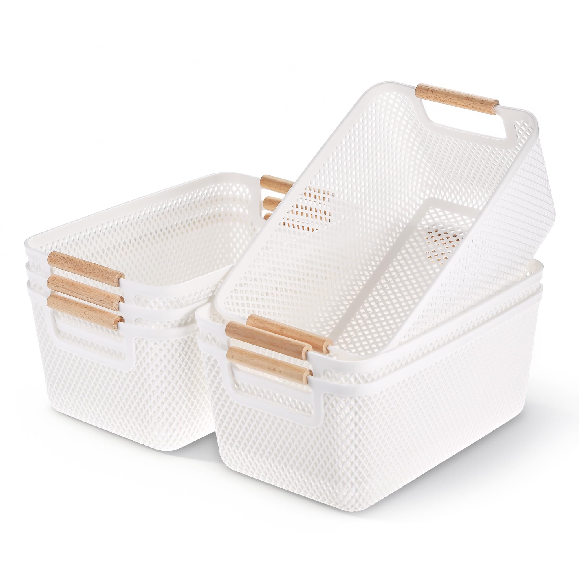 Huiguli 6 Pack Plastic Storage Baskets with Wood Handles, Kitchen Cupboard Storage Boxes for Shelves, Breathable Organiser Storage Boxes, Food Storage Containers for Kitchen, Bathroom, Bedroom,Office