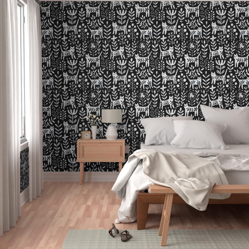 Removable Wallpaper 3ft x 2ft - Cat Black and White Floral Kitties Scandinavian Mod Vintage Style Custom Pre-Pasted Wallpaper by Spoonflower
